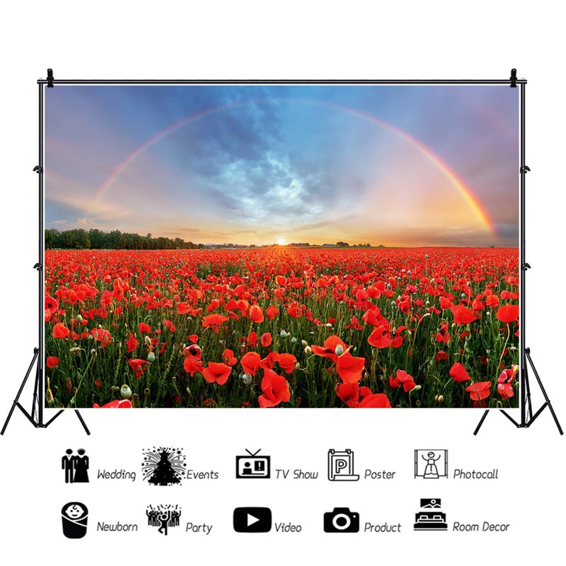 Baocicco 5x4ft Background for Sunset Rainbow Sky Red Poppy Field Photography Backdrop Outdoor Wedding Backdrop Spring Natural Scenery Wedding Ceremony Valentine's Day Vacation Photo Studio Props - Image 5